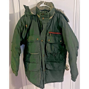 EUC! Men's STRATOJAC Hooded Down Puffer Cargo Jacket Size M Green/Navy